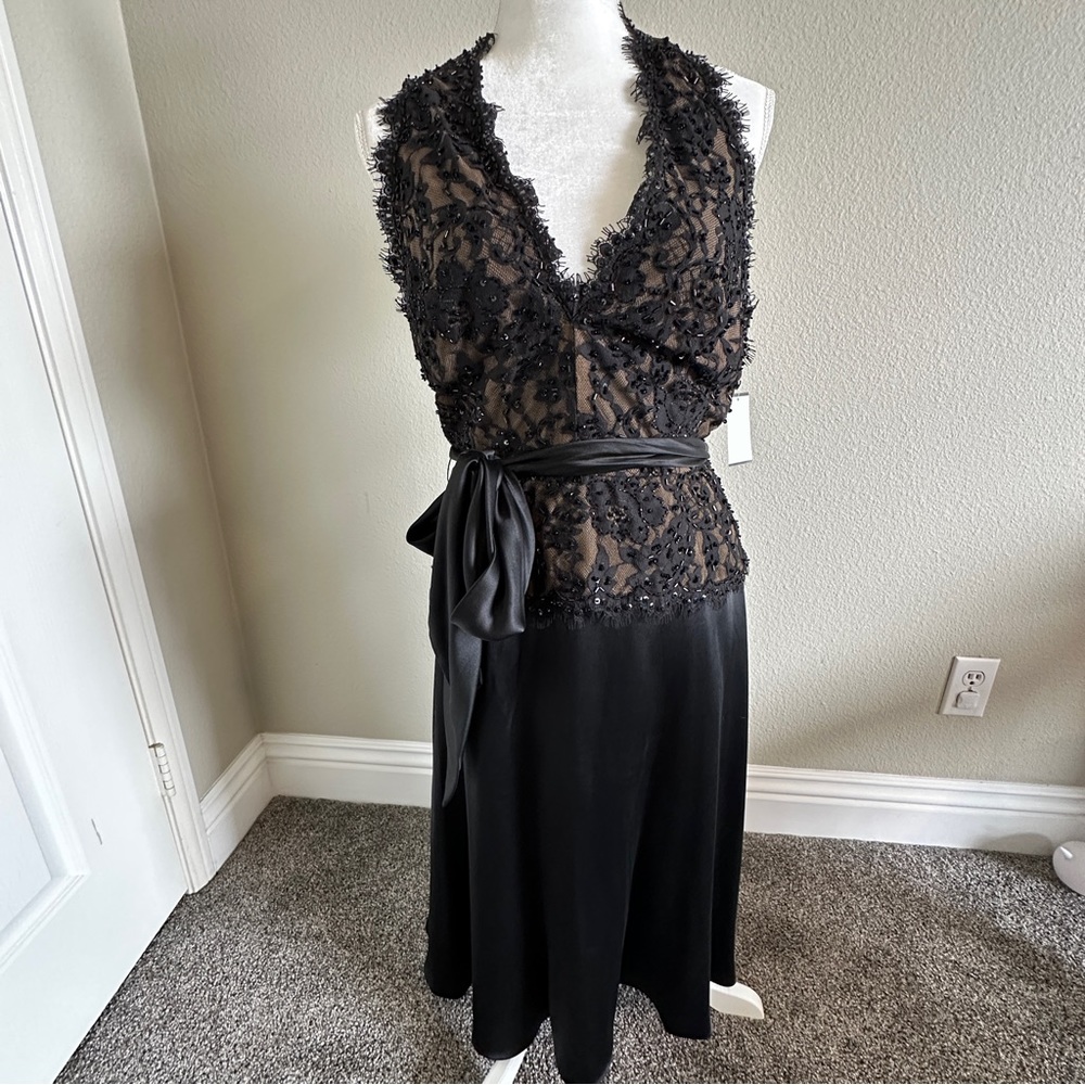 Tadashi Shoji Collection Lace Silk Halter Midi Cocktail Dress Black/Nude Size 12